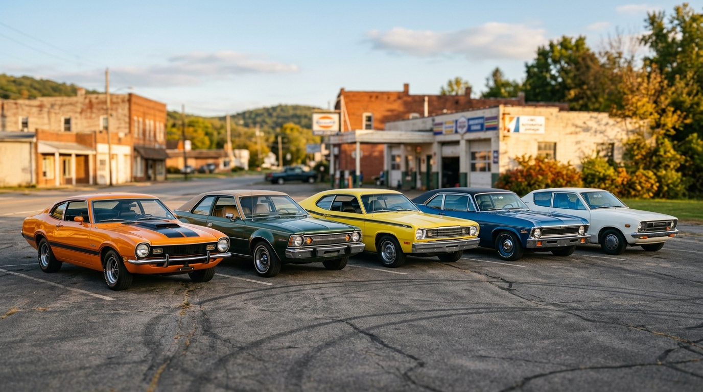 Row of affordable classic cars under $10,000 including Ford Maverick Grabber, AMC Hornet, Plymouth Duster, and Chevy Nova parked in a row