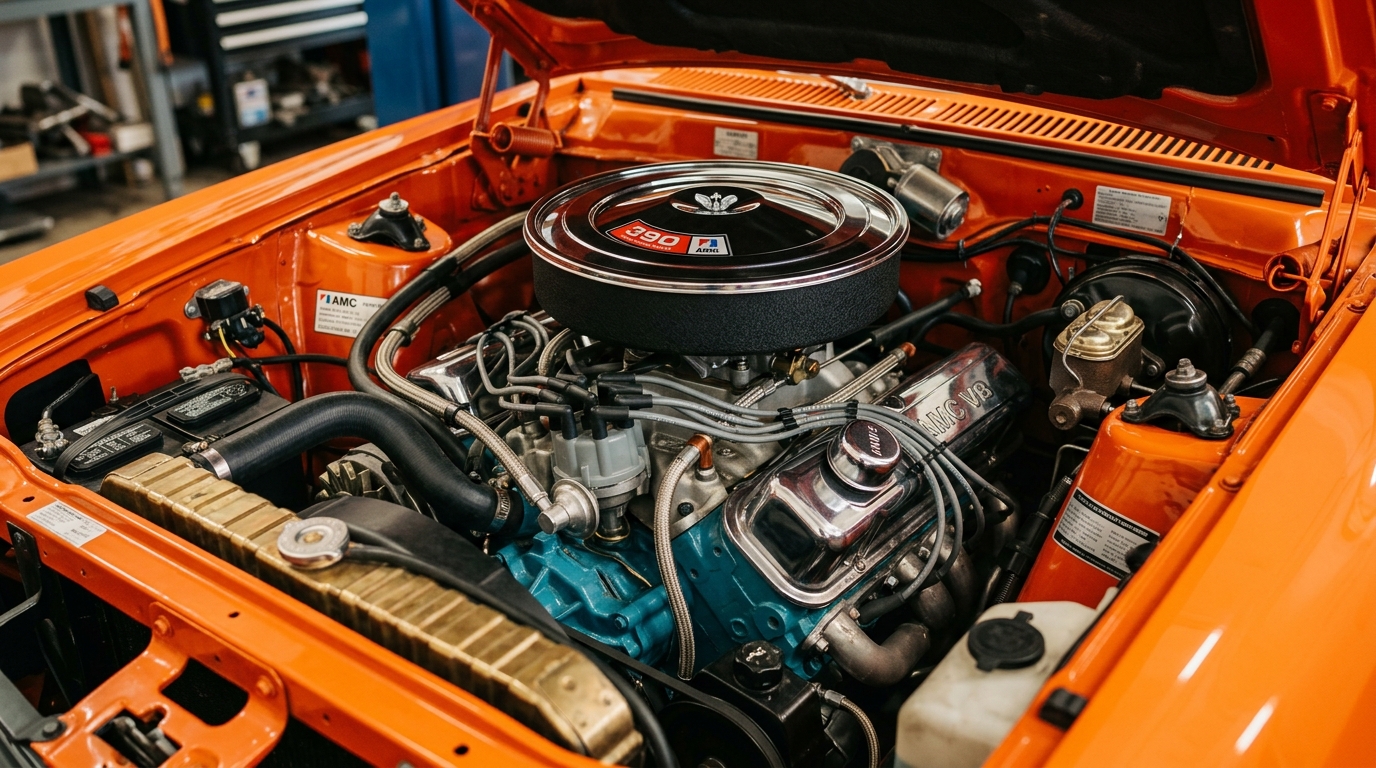 AMC AMX 390ci V8 engine bay with chrome air cleaner in Big Bad orange car, showing 340hp from independent manufacturer muscle car