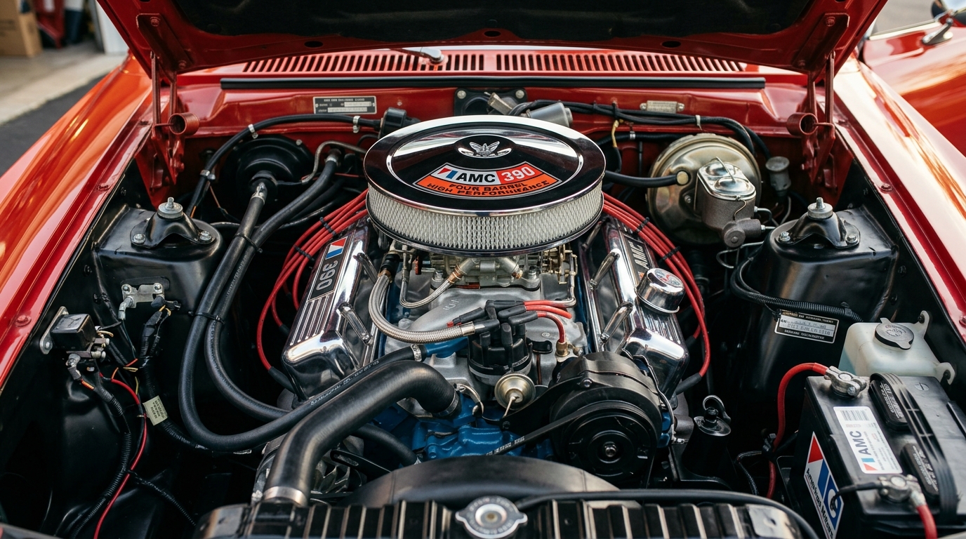 AMC AMX 390ci V8 engine bay with chrome air cleaner and valve covers, showing 340hp output from American Motors Corporation muscle car