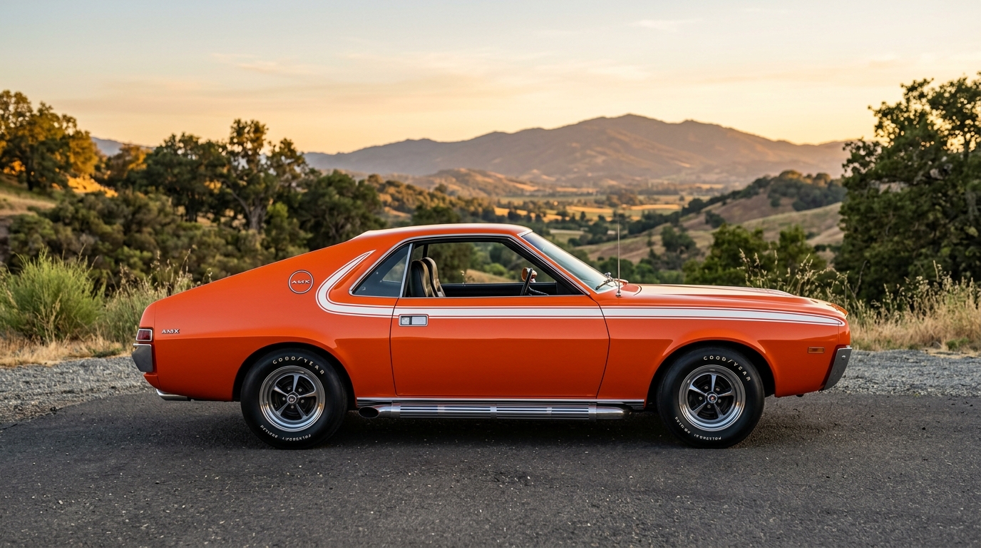 1969 AMC AMX in Big Bad Orange, side profile showing compact 2-seat muscle car design, the only independent manufacturer muscle car with bold factory color