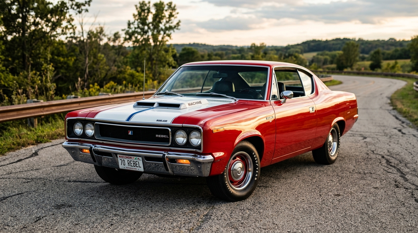 1970 AMC Rebel Machine in red with white stripes, three-quarter view showing hood scoop and aggressive muscle car stance, only 2000 built