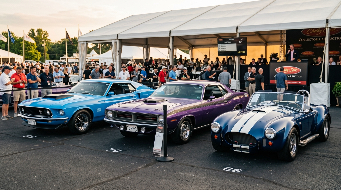Blue-chip classic car collection at auction showing a Ford Mustang Boss 429 in Grabber Blue, a Plymouth Hemi Cuda in Plum Crazy purple, and a Shelby Cobra 427 side by side under auction tent lighting with bidders visible in the background