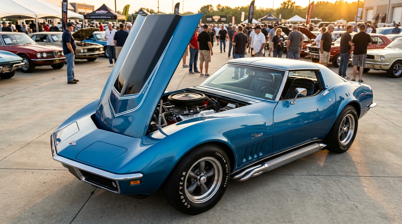 1968 Chevrolet Corvette L88 in Le Mans Blue with side pipes and stinger hood parked at a classic car auction showing the rare aluminum-head 427 big-block V8 engine bay
