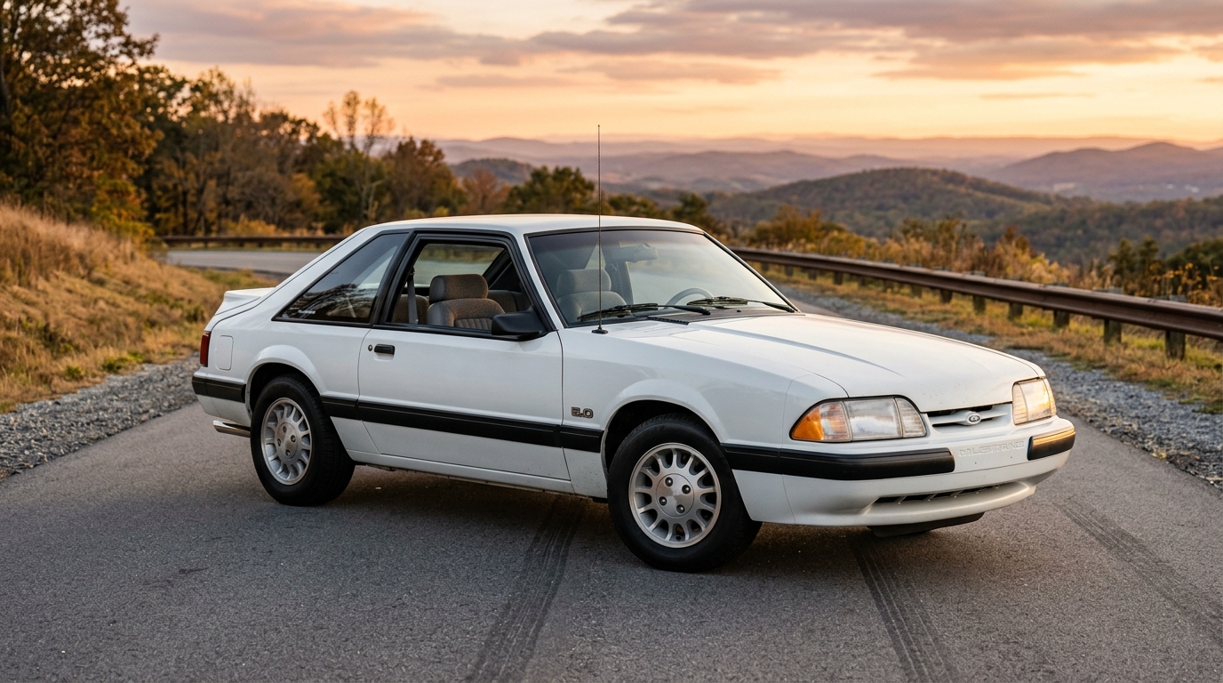 1990 Ford Mustang LX 5.0 hatchback in Oxford White showing the last affordable American V8 performance car appreciating 15% annually under $20,000
