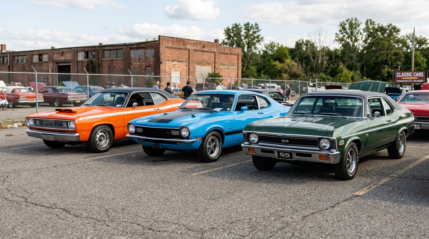 Three budget muscle cars parked side by side: 1971 Plymouth Duster in orange, 1972 Ford Maverick Grabber in blue, and 1970 Chevy Nova in green