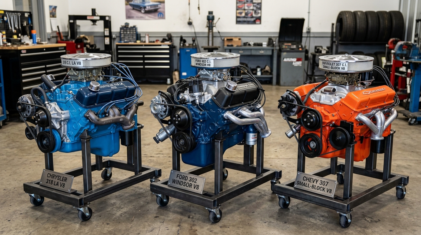 Three classic V8 engines on stands side by side: Chrysler 318 LA V8, Ford 302 Windsor V8, and Chevy 307 small-block V8 for budget muscle car comparison