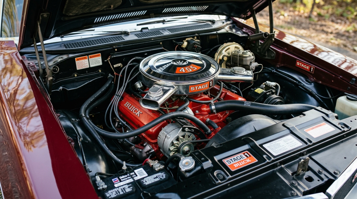 Buick GS 455 Stage 1 V8 engine bay with chrome air cleaner and Stage 1 badging, showing 510 lb-ft torque from highest-torque A-body engine