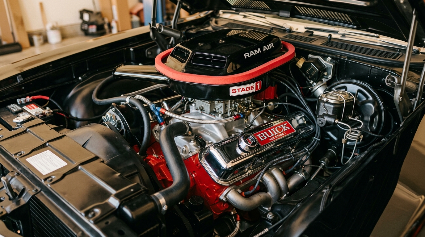 Buick GSX 455 Stage 1 engine bay showing 455ci V8 with chrome valve covers, ram-air induction system, and 510 lb-ft torque rating