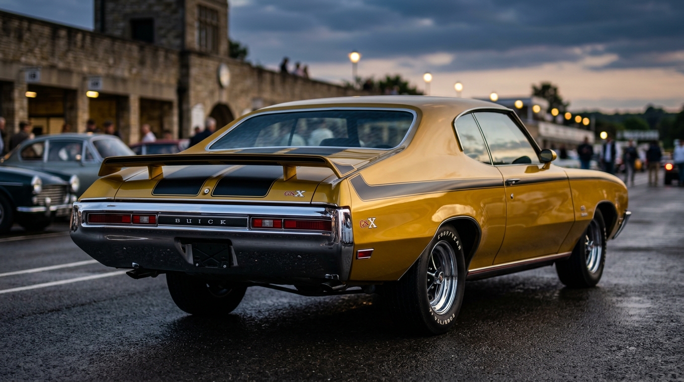 1970 Buick GSX rear view in Apollo Gold with black stripes, showing distinctive rear spoiler and taillight design of Buick muscle car
