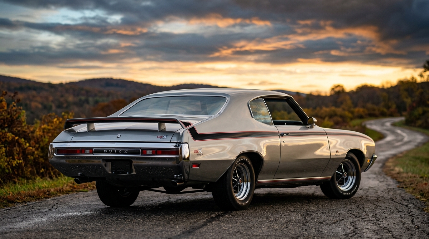 1971 Buick GSX in Saturn Silver with red and black stripes, rear three-quarter view showing GSX stripe package and rear wing, luxury A-body muscle car