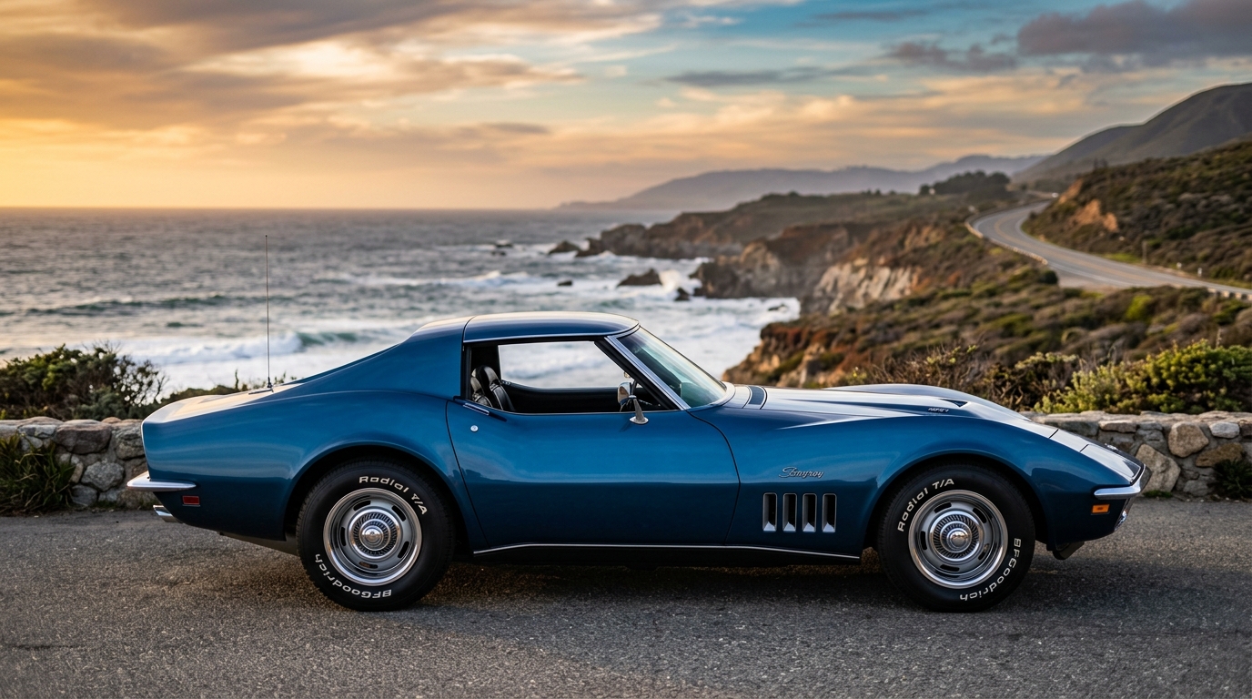 1969 Chevrolet C3 Corvette Stingray in Bridgehampton Blue, side profile with chrome bumpers and Mako Shark II-inspired sweeping fender lines