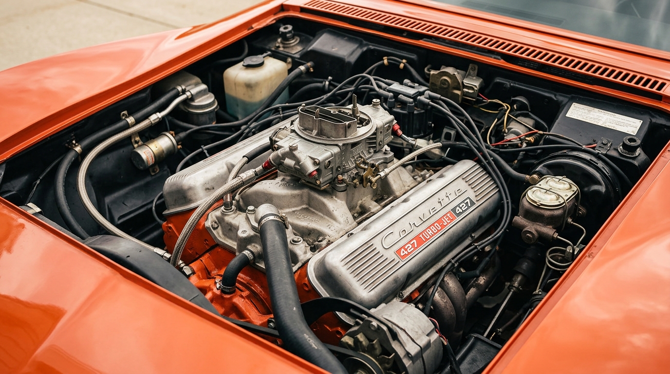 1969 Chevrolet C3 Corvette L88 427ci big-block V8 engine bay with aluminum heads, showing 430hp rated actual 560hp from rarest Corvette engine