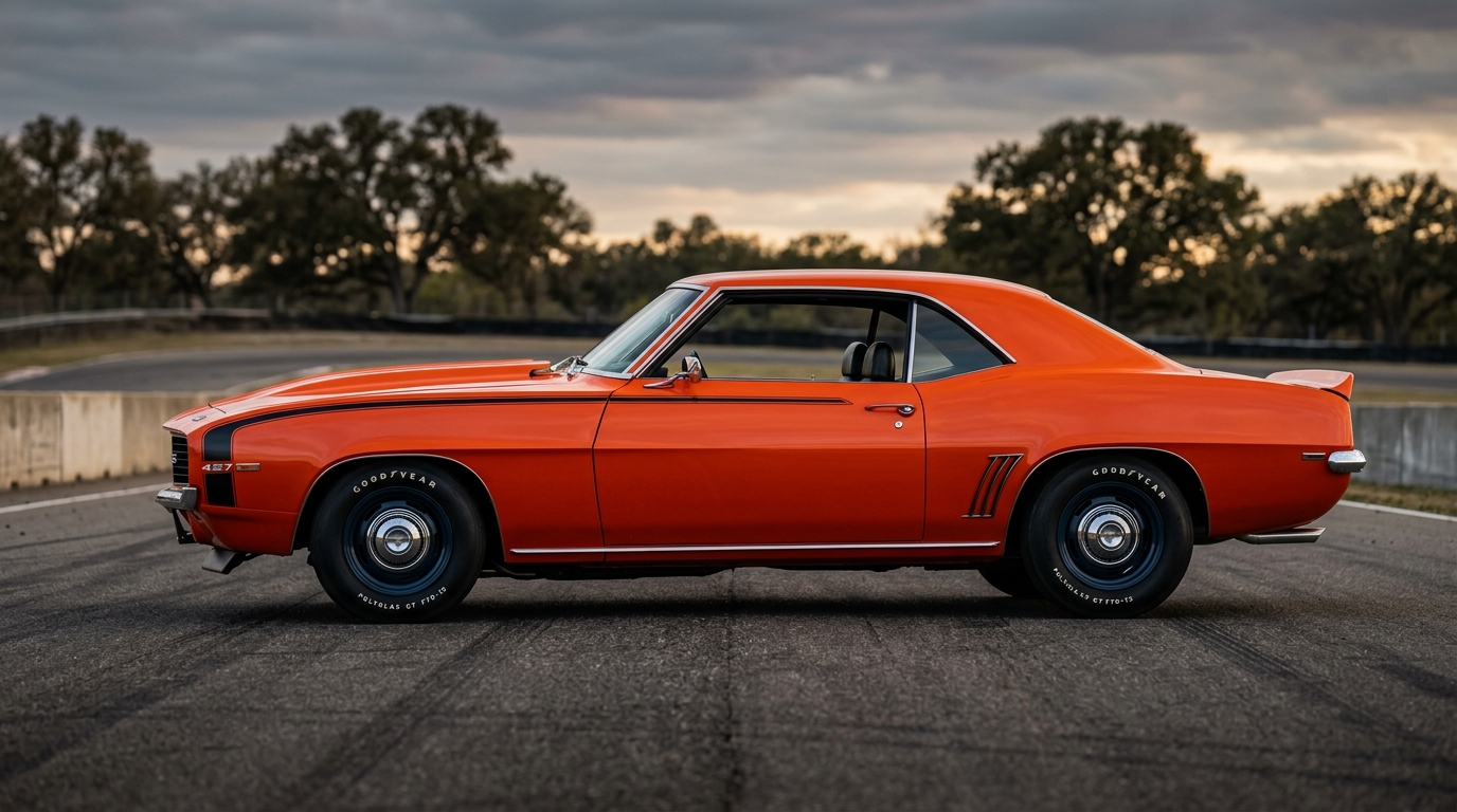 1969 Chevrolet Camaro COPO 427 in Hugger Orange with black stripes, side profile showing aggressive F-body stance with big-block hood bulge