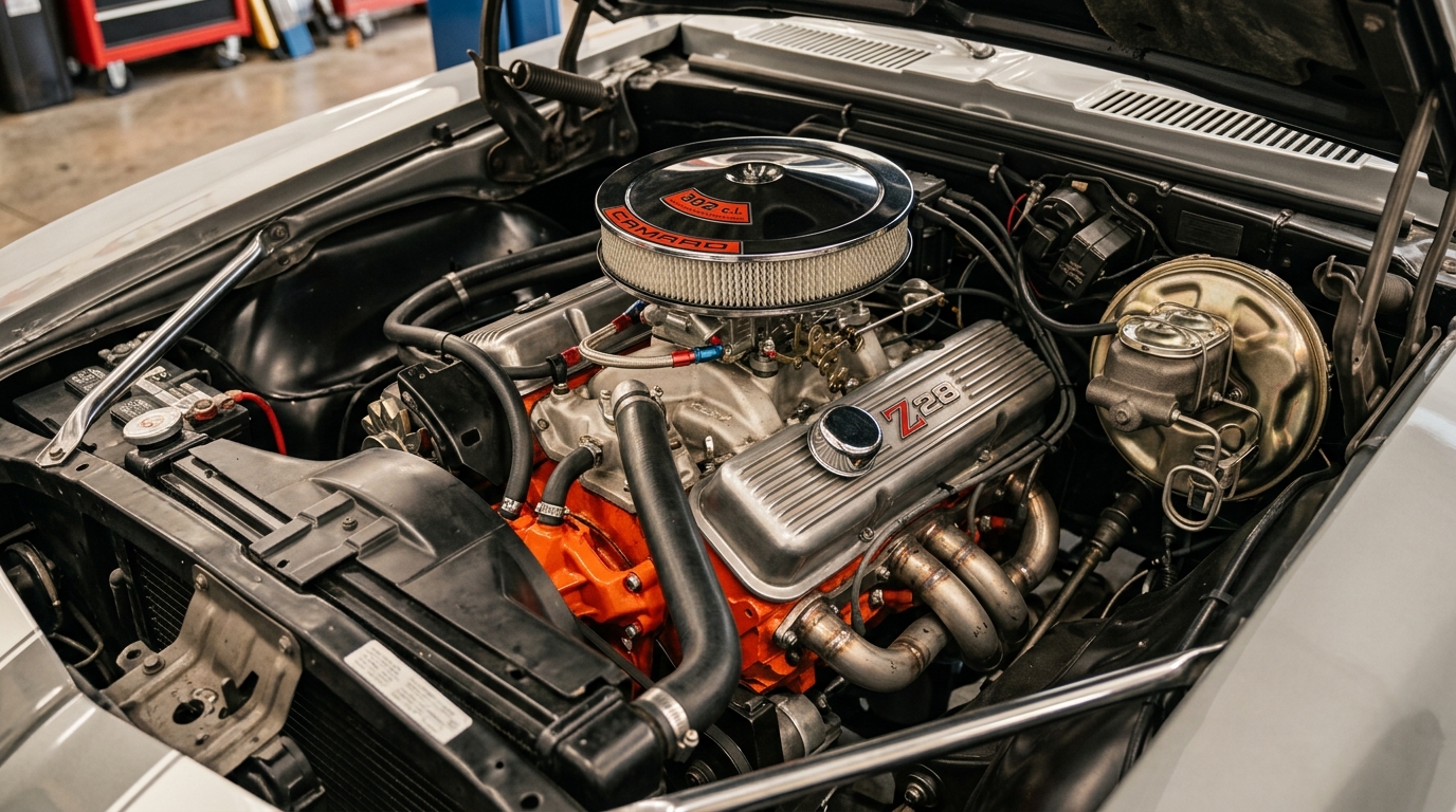1969 Chevrolet Camaro Z28 302ci DZ V8 engine bay with chrome air cleaner, showing 290hp from Trans-Am racing homologation special engine