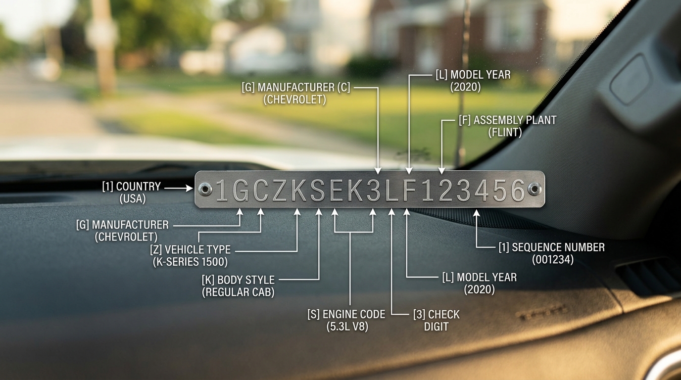 17-digit VIN number breakdown diagram showing each position of the VIN decoded: country, manufacturer, vehicle type, body style, engine code, check digit, model year, assembly plant, and sequence number