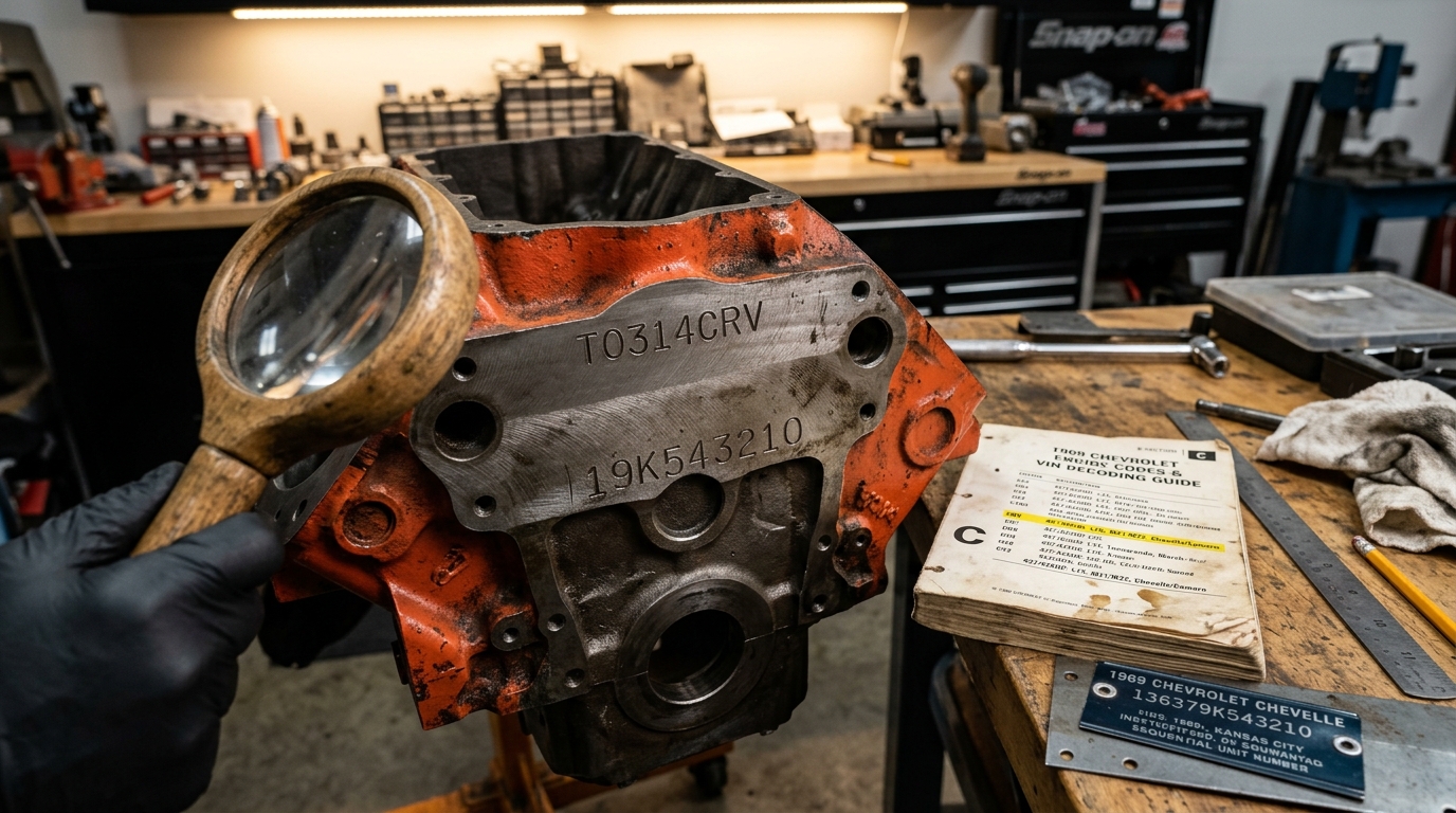 Classic car engine block stamping pad showing the engine suffix code and partial VIN stamping that must match the VIN for numbers-matching verification, with a decoding reference chart nearby