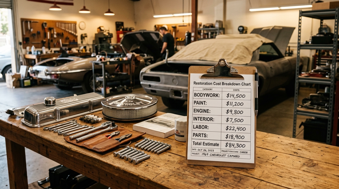 Car restoration cost breakdown pie chart showing bodywork and paint at 35-45%, engine and drivetrain at 20-25%, interior at 10-15%, labor at 55-70%, and parts and materials at 30-45% of total restoration cost