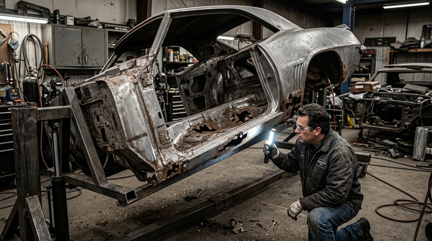 Classic car restoration showing hidden rust discovered during media blasting with a stripped body on a rotisserie revealing rust holes in floor pans, rocker panels, and lower quarter panels in a professional restoration shop
