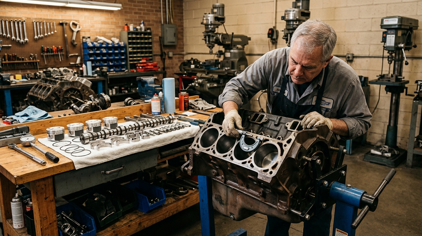 Chevrolet 350 V8 engine rebuild on a stand with machinist inspecting internals, new pistons and camshaft on workbench, showing 150-233% restoration ROI for engine rebuilds