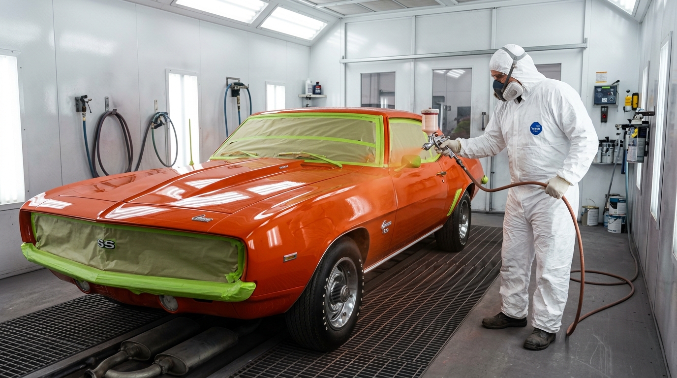 Classic car paint booth with 1969 Camaro being painted in base coat clear coat, showing 100% ROI for paint and body restoration work