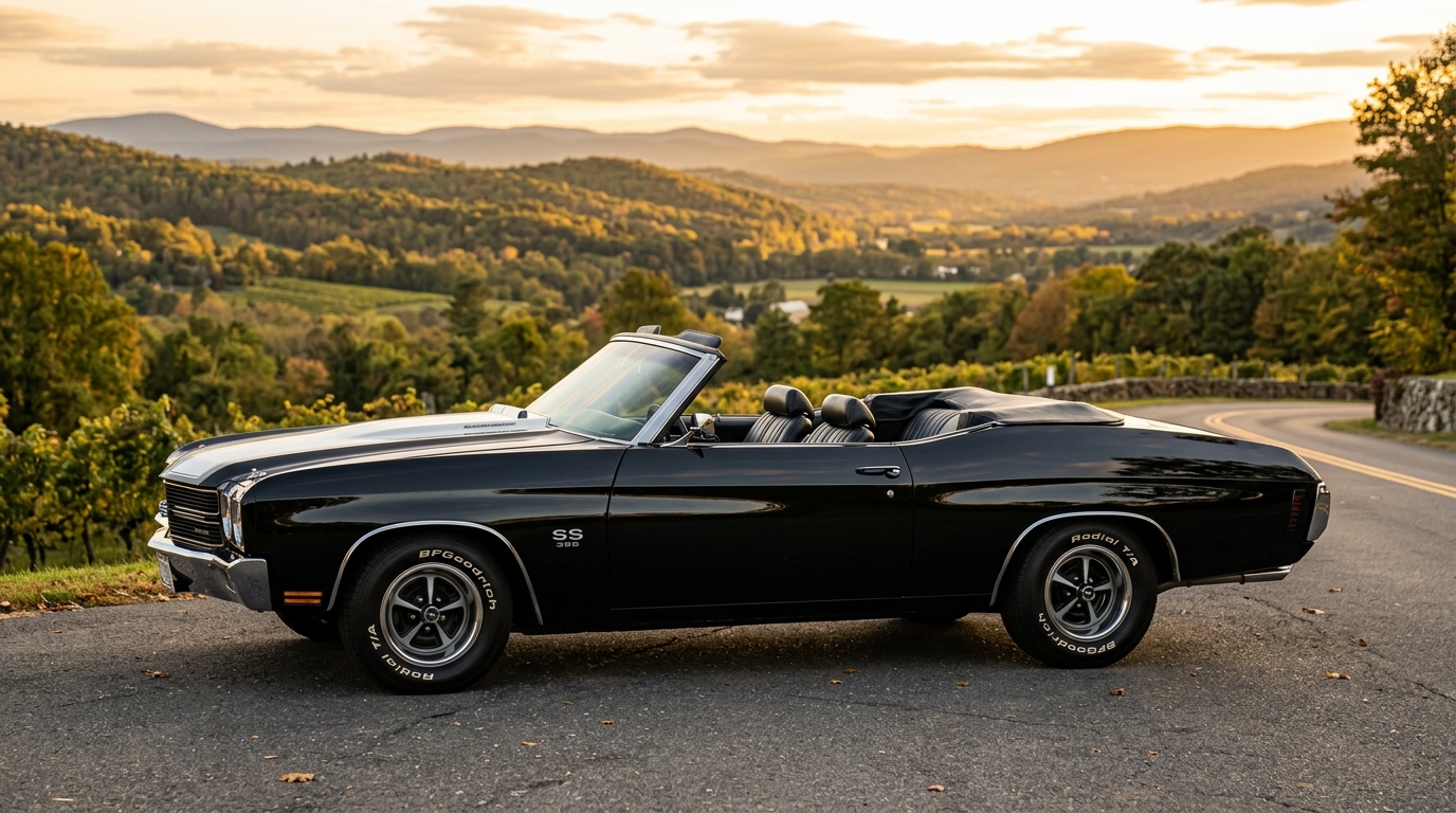 1970 Chevrolet Chevelle SS convertible in black with white SS stripes, side profile with top down, showing iconic A-body muscle car convertible styling