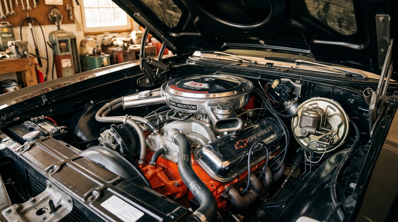 Chevrolet Chevelle SS 454 LS6 engine bay with cowl induction hood and chrome air cleaner, showing 450hp from holy grail A-body muscle car engine