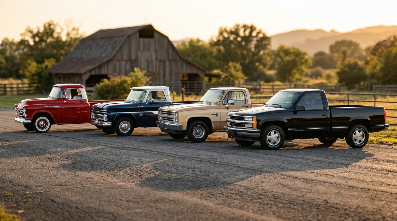 Four Chevrolet C10 pickup trucks side by side showing Task Force Apache, Action Line, Squarebody, and OBS GMT400 generations for comparison