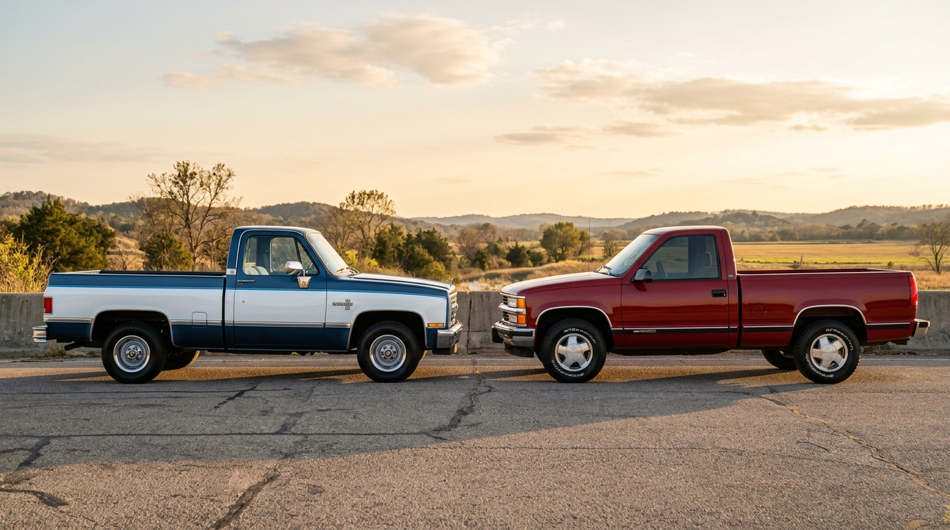 Side profile comparison of Chevrolet Squarebody C10 and OBS GMT400 showing design evolution from boxy to aerodynamic truck styling