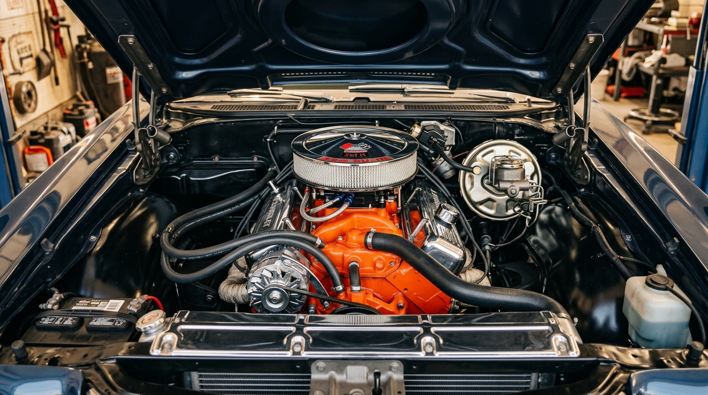 Chevrolet El Camino SS 454ci big-block V8 engine bay with chrome air cleaner and cowl induction, showing 450hp from LS6 muscle truck variant