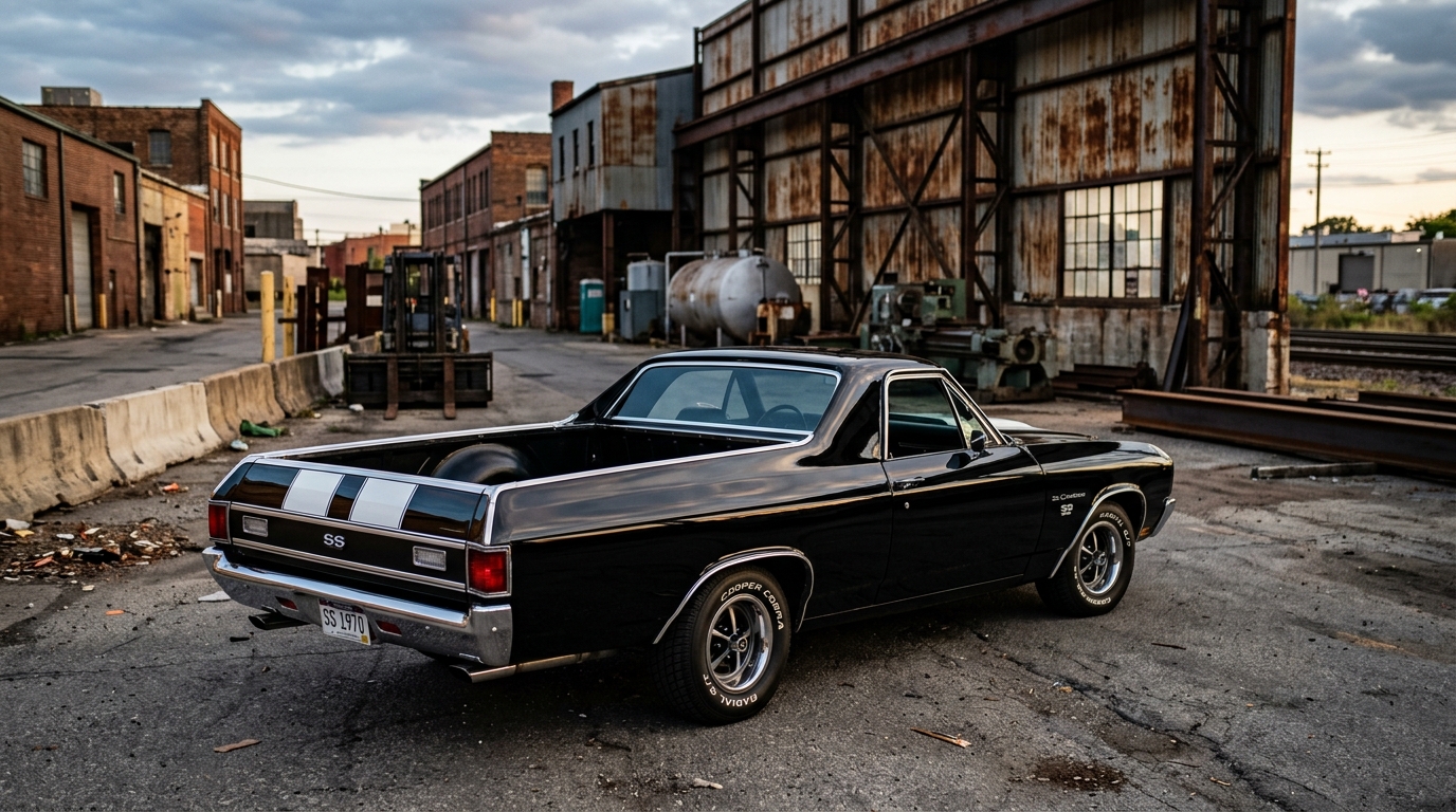 1970 Chevrolet El Camino SS in black with white stripes, rear three-quarter view showing pickup truck bed with muscle car front end design