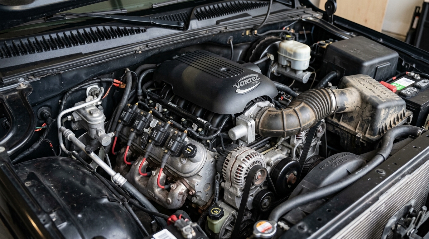 Chevrolet Vortec 5300 5.3L V8 engine in GMT800 Silverado engine bay showing the LS-based design that makes it the most collectible and tunable GMT800 engine