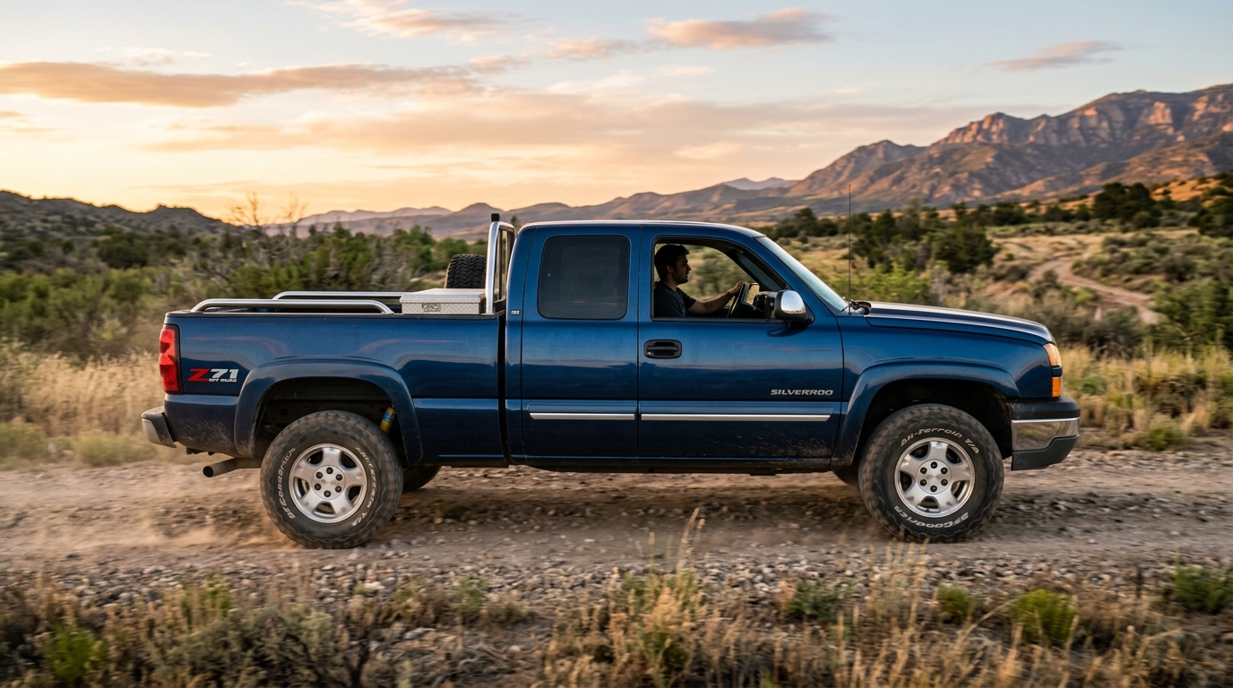 Chevrolet Silverado 1500 Z71 off-road package showing Z71 decals, off-road tires, and Bilstein shocks that add 25-40% value to GMT800 trucks