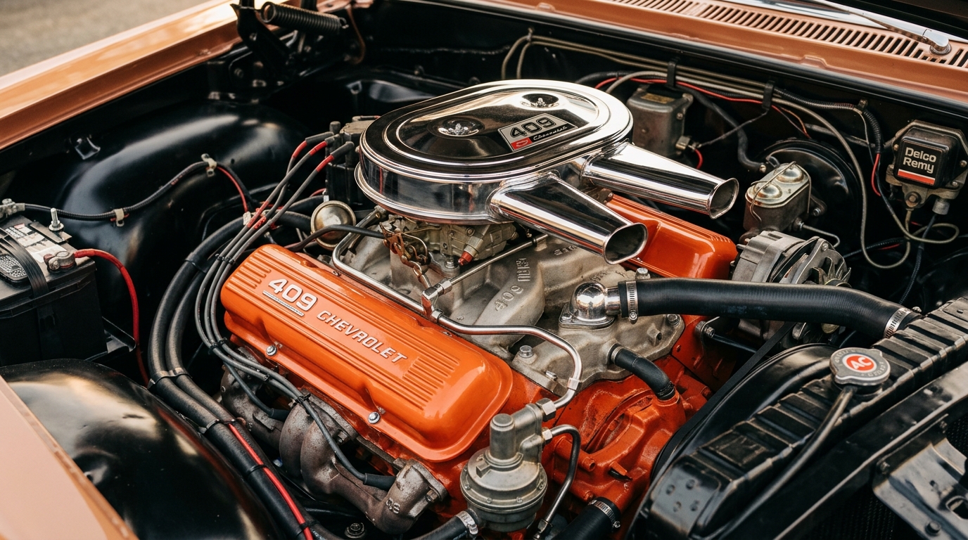 Chevrolet Impala SS 409ci W-series V8 engine bay with chrome air cleaner, showing 425hp output from legendary Chevy full-size muscle car