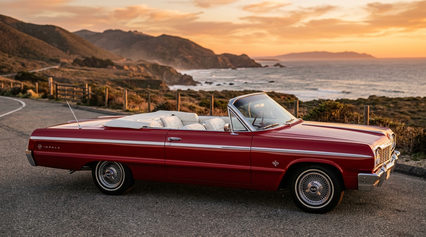 1964 Chevrolet Impala SS convertible in deep red with white interior, side profile with top down, showing iconic full-size Chevy muscle car styling
