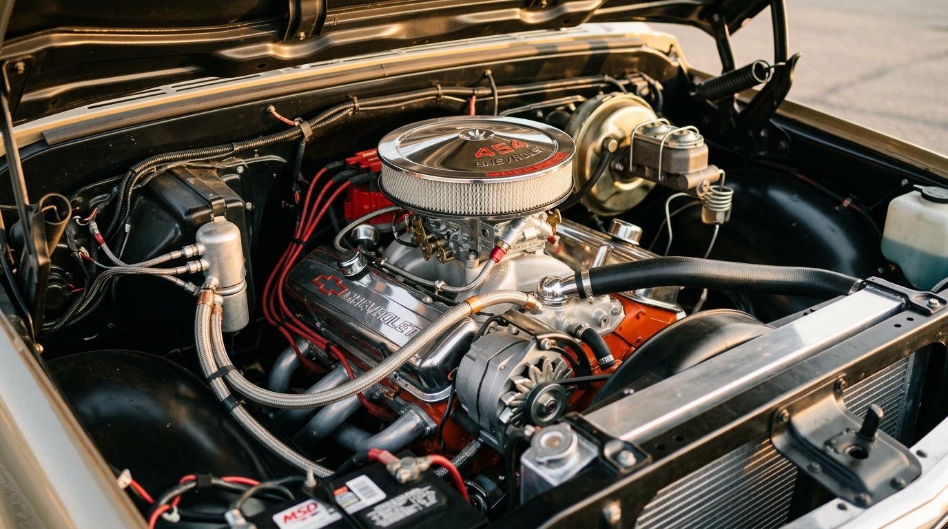 Chevrolet K5 Blazer 454ci big-block V8 engine bay with chrome air cleaner, showing 270hp from largest engine option in full-size 4x4 SUV