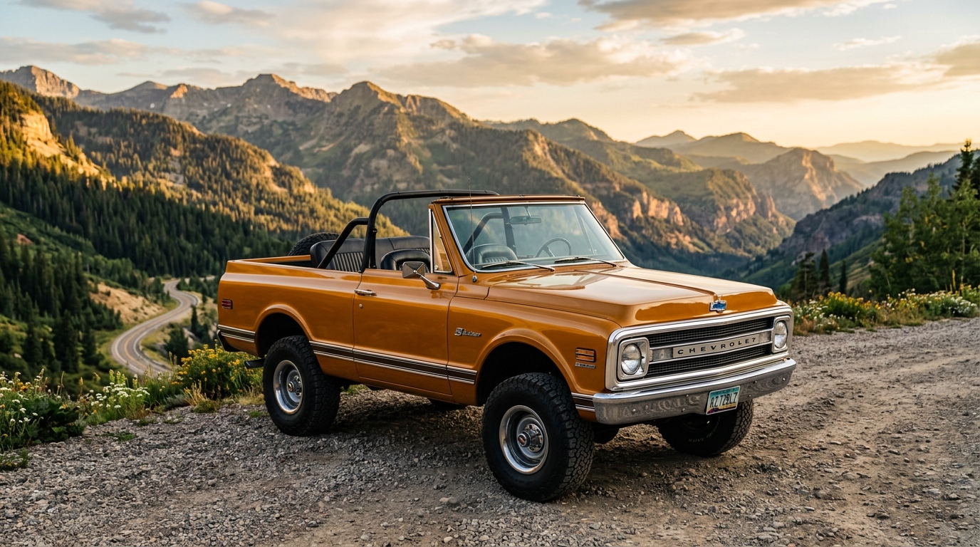 1972 Chevrolet K5 Blazer with removable fiberglass top off, showing open-air full-size 4x4 SUV design in mountain outdoor setting