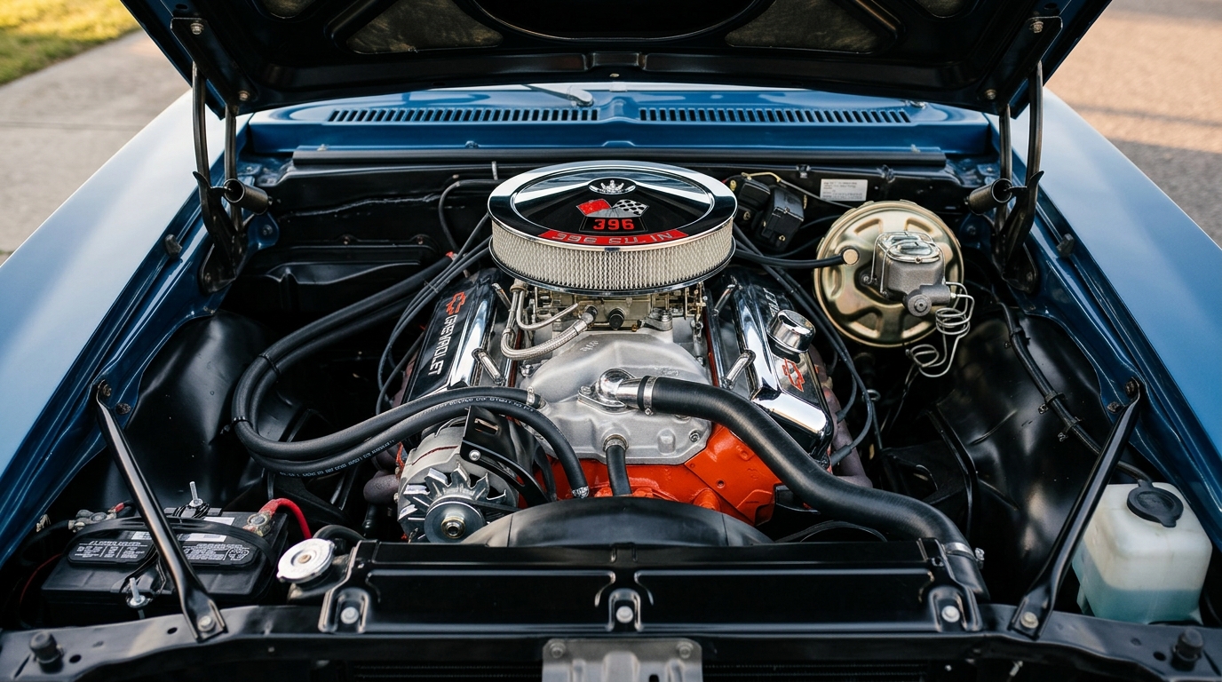 Chevrolet Nova SS 396ci big-block V8 engine bay with cowl induction and chrome air cleaner, showing 375hp in lightweight X-body muscle car sleeper