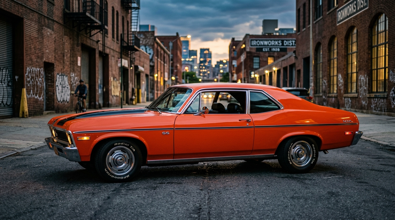 1970 Chevrolet Nova SS in Hugger Orange with black SS stripes, side profile showing compact X-body muscle car, 20-30% cheaper than equivalent Camaro