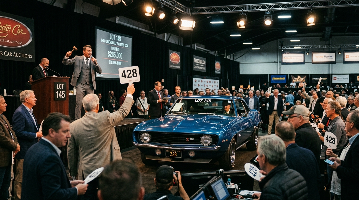 Classic car auction with 1960s American muscle car on the block, showing real-world market value discovery through competitive bidding