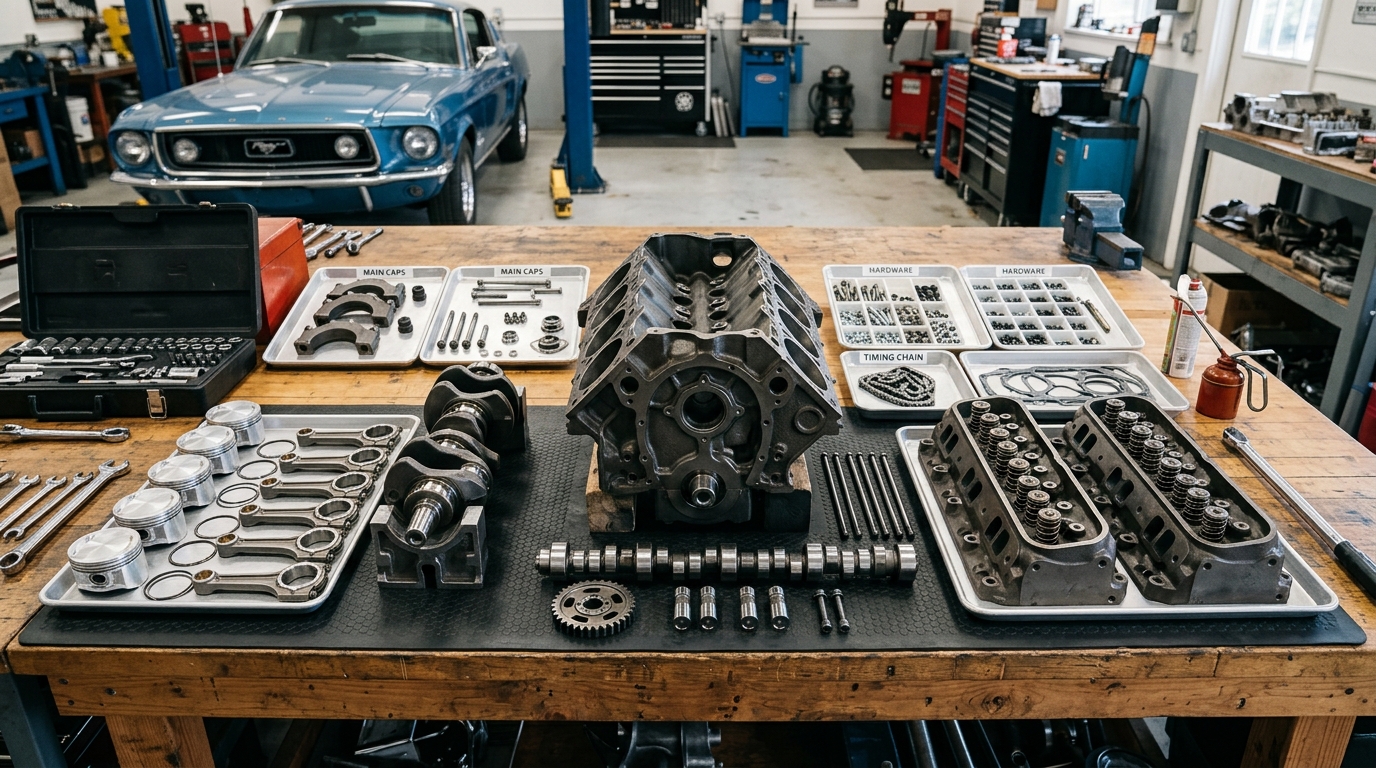 Disassembled classic car V8 engine with pistons, crankshaft, camshaft, and cylinder heads organized on workbench during professional rebuild