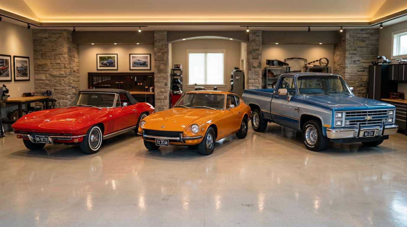 Classic car investment portfolio showing three collector vehicles side by side: a C2 Corvette Sting Ray, a Datsun 240Z, and a Squarebody C10 truck, representing diversification across American, Japanese, and truck segments