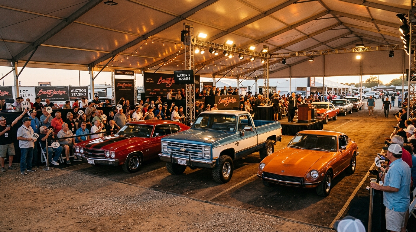 Classic car auction with multiple collector cars lined up including Chevelle SS, Squarebody C10, and Datsun 280Z showing strong market demand in 2026