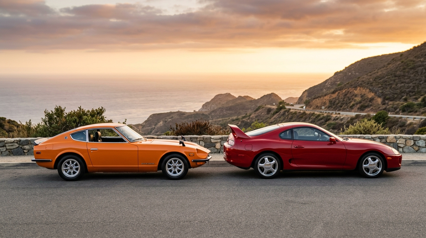 Datsun 240Z and Toyota Supra MK4 side by side representing the fastest-growing segment in the classic car market with 25% annual appreciation