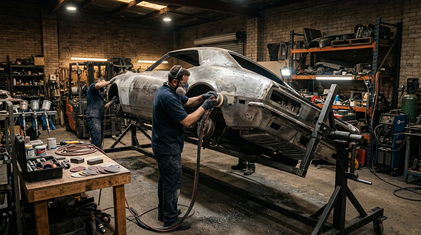 Classic car restoration in progress with 1960s muscle car body on rotisserie being prepped for paint in professional restoration shop