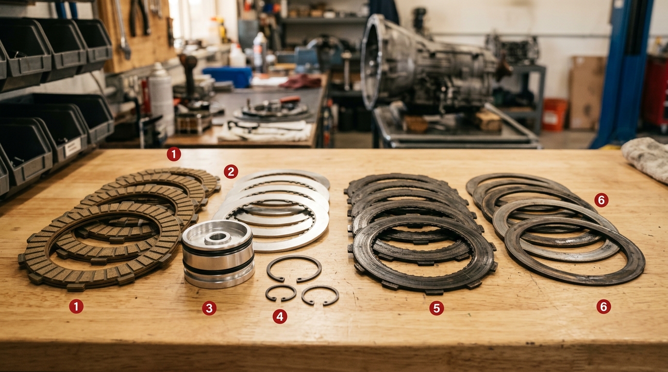 Close-up of automatic transmission clutch pack components including friction plates, steel plates, snap rings, and apply piston laid out on a clean workbench during a rebuild with new and old parts comparison