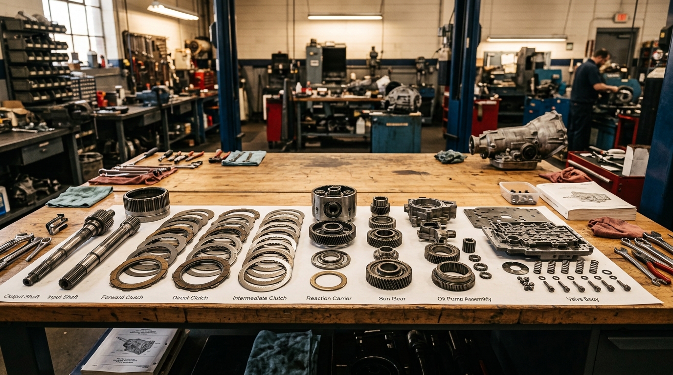 TH350 automatic transmission disassembled on a workbench showing clutch packs, reaction carrier, sun gear, input shaft, stator, oil pump, and valve body in a professional transmission shop setting