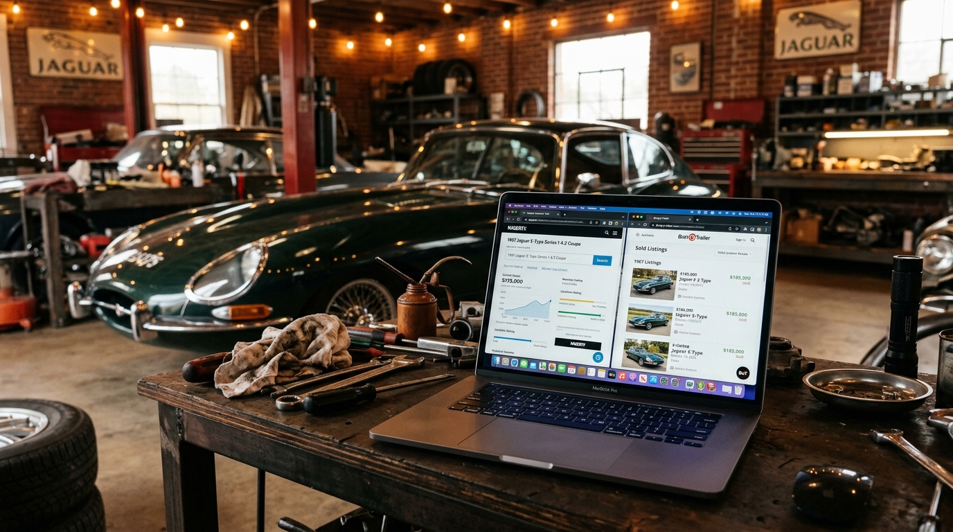 Classic car valuation comparables research showing multiple auction result listings and sold price data on a computer screen with Bring a Trailer and Hagerty valuation tools open side by side