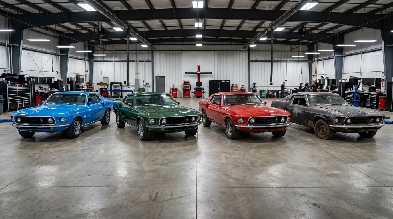 Classic car condition grading comparison showing the same model car in #1 Concours, #2 Excellent, #3 Good, and #4 Fair condition side by side in a professional appraisal setting