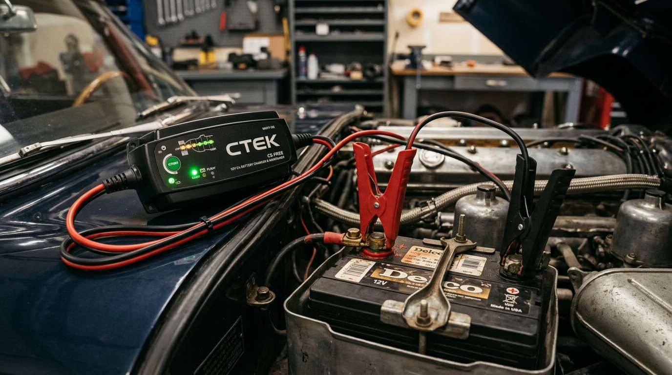 Battery maintainer connected to a classic car battery in a garage with the LED indicator showing green float mode, clean cable routing, and battery terminal connections protected with dielectric grease