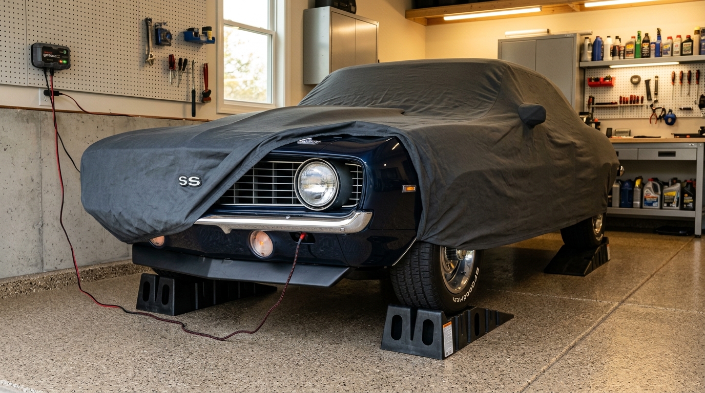 Classic muscle car under a fitted breathable fabric car cover in a clean garage with the front grille and one headlight visible beneath the cover edge, battery maintainer cable visible at front